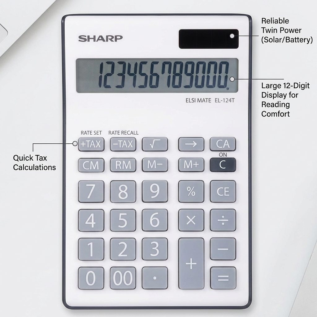 A white Sharp EL124TBGY calculator is shown in a top-down view on a light surface. Three pointer lines with labels highlight its features: one points to the solar panel and says "Reliable Twin Power (Solar/Battery)", another to the display reads "Large 12-Digit Display for Reading Comfort", and a third to the tax buttons states "Quick Tax Calculations".