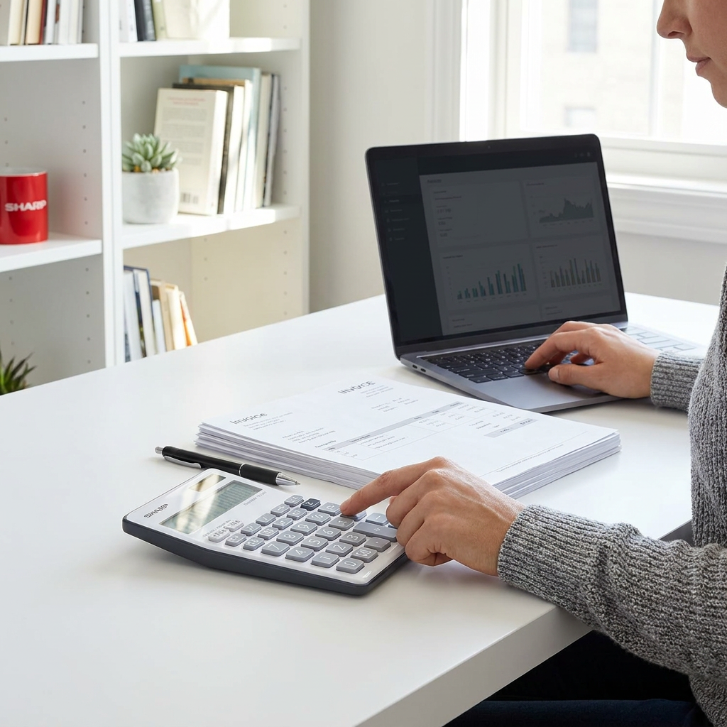 Woman in grey sweater using the Sharp EL124TBGY calculator on a white desk with a laptop.