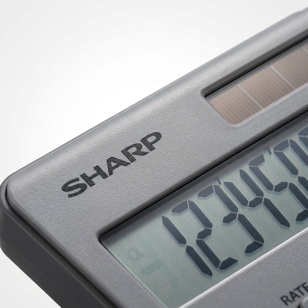 A close-up photograph showing the detailed texture of the grey plastic casing and the Sharp logo on the upper corner of the EL124TBGY calculator.