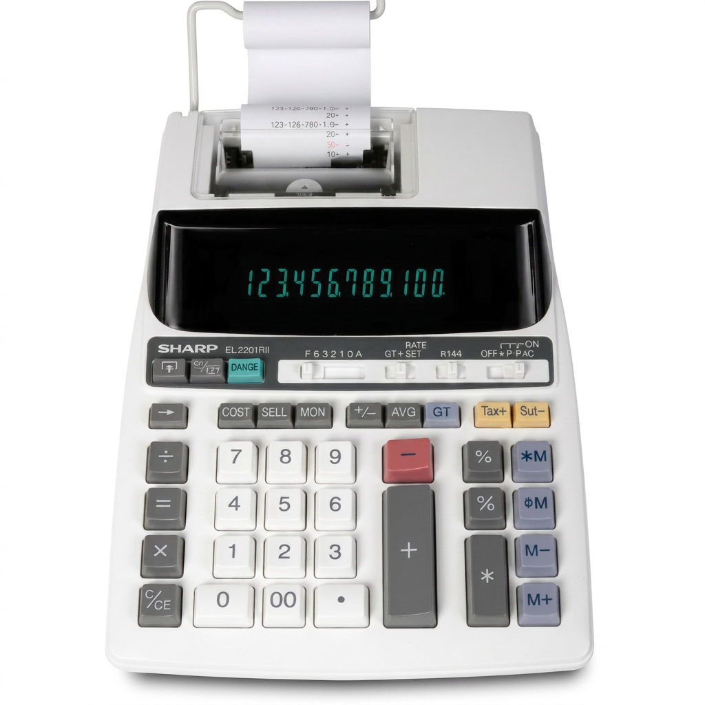 High-resolution hero shot of the Sharp EL2201RII 12-digit printing calculator, centered on a clean white background.
