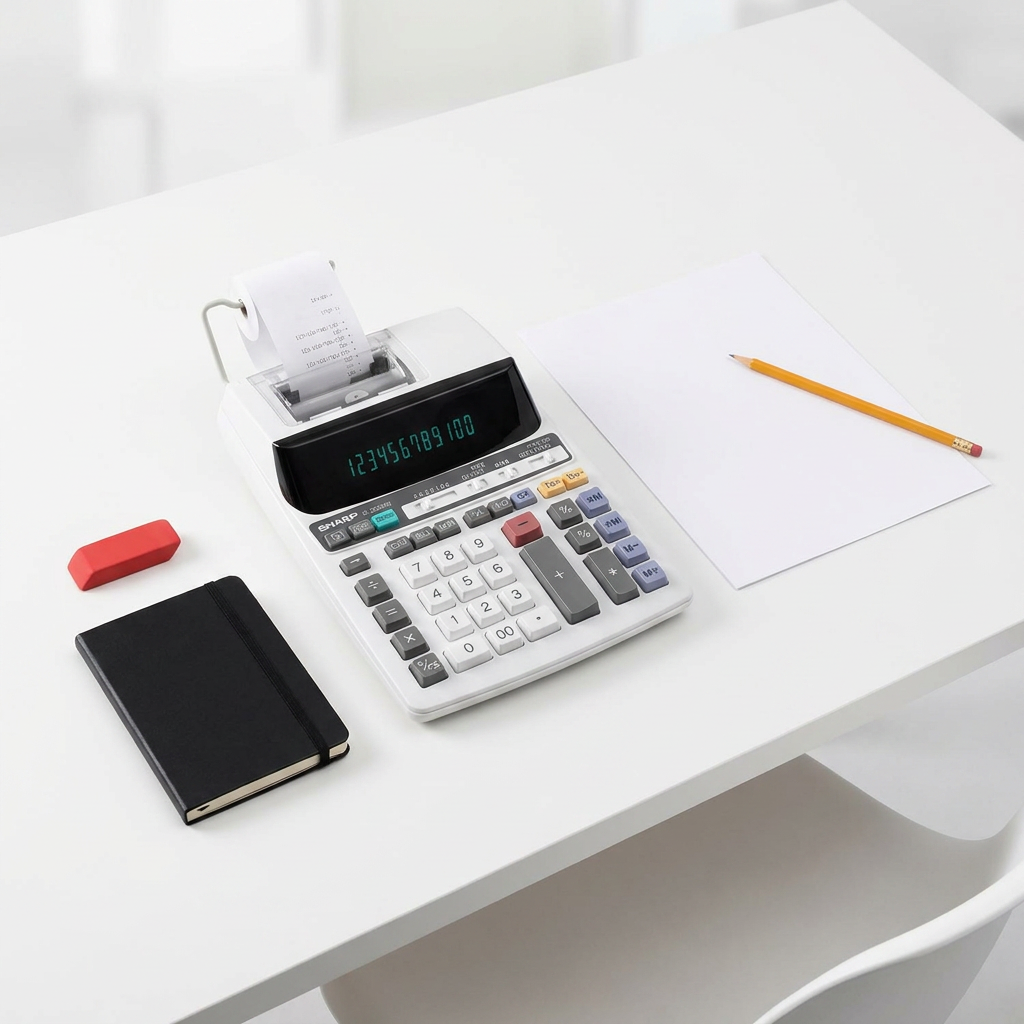 A photograph on a white desk shows the SHARP EL2201RII calculator next to a notebook, pencil, and paper for scale.