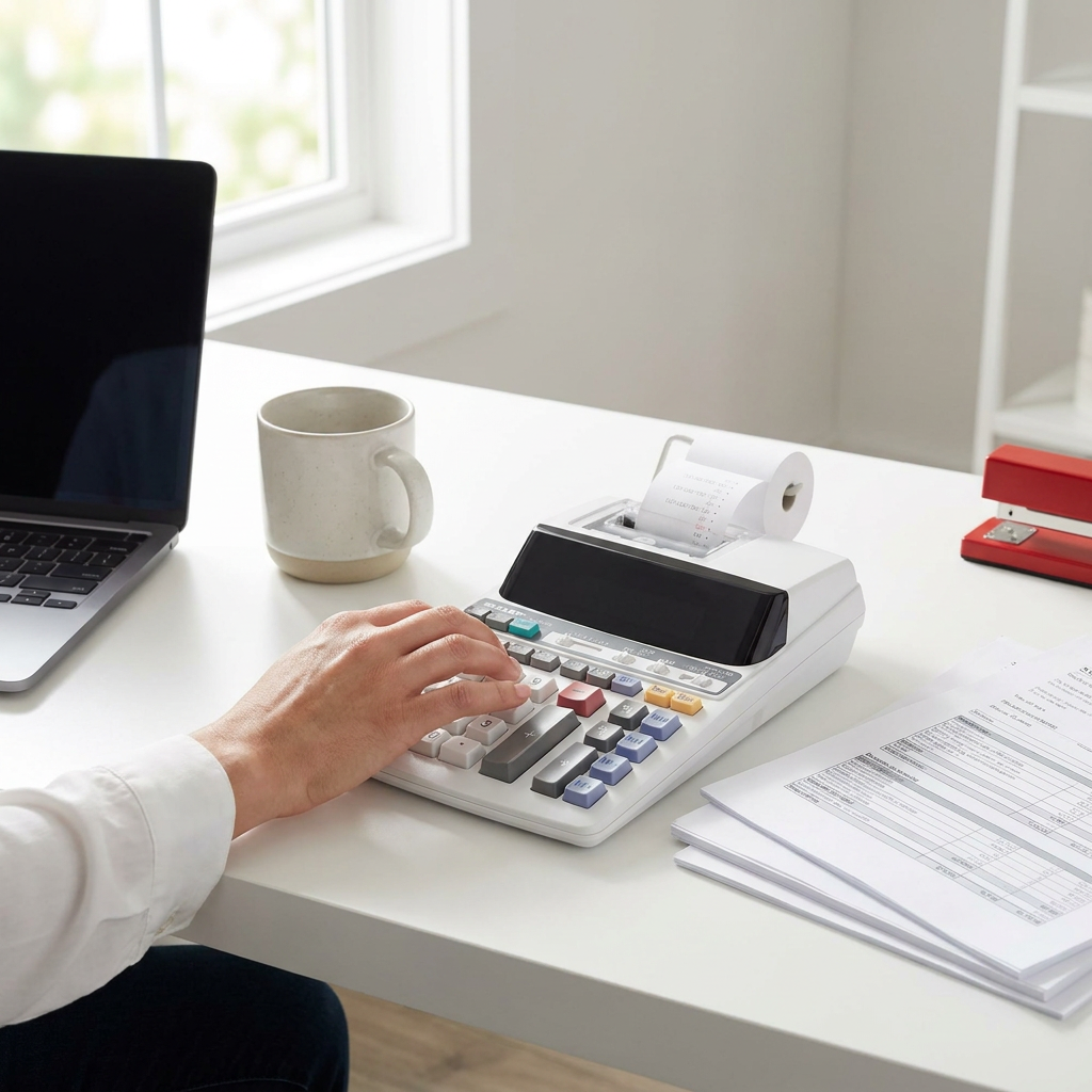 A person's hand is using the SHARP EL2201RII printing calculator, which is on a white desk in a modern, naturally lit office. Also shown are a laptop, ceramic mug, documents, and a red stapler, adhering to the brand color palette. The scene is professional and trusted.