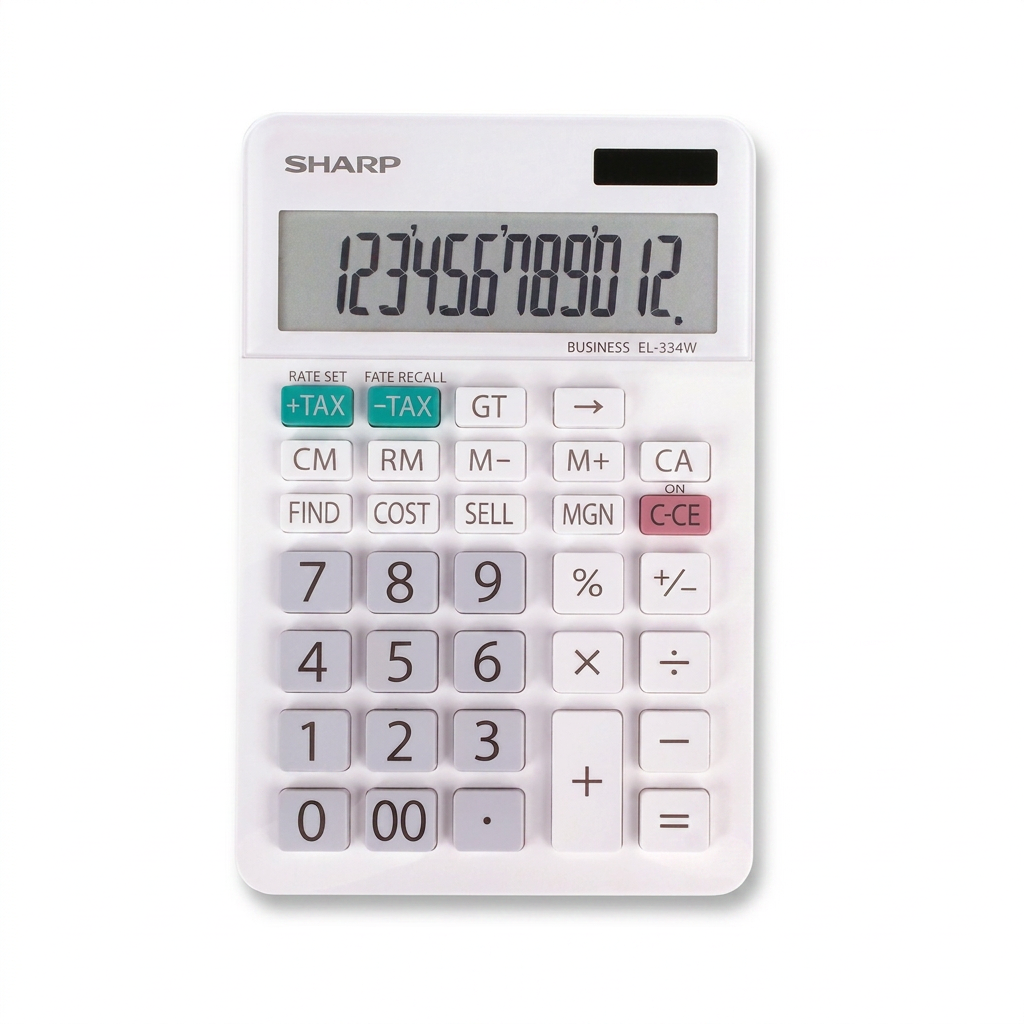 SHARP EL334W Professional Desktop Calculator hero image on pure white background. 12-Digit XL Display showing '123456789012'. Centered, high-resolution, sharp focus, natural light, and a clean shadow.