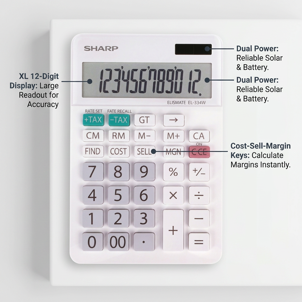 A top-down product feature graphic on a white background shows the white Sharp EL334W calculator. Three dark gray pointer lines with small text labels call out the "XL 12-Digit Display," "Cost-Sell-Margin Keys," and "Dual Power" features, each with a short benefit like "Large Readout for Accuracy".