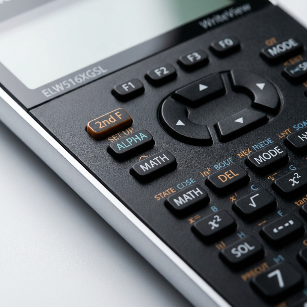 A detailed macro photograph showing the textured buttons and brushed metallic edge of the Sharp ELW516XGSL calculator, emphasizing its premium build quality.