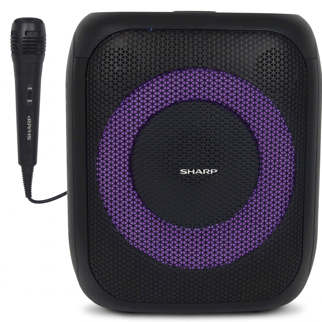 A high-resolution hero shot of the SHARP PS-914 portable party speaker with purple LED lights and its wired microphone, set against a pure white background.