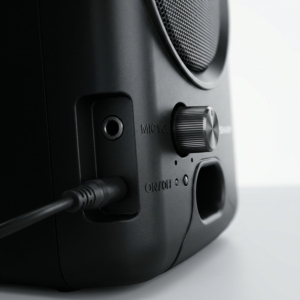 A detailed close-up of the microphone input and volume knob on the black Sharp PS-914 speaker.