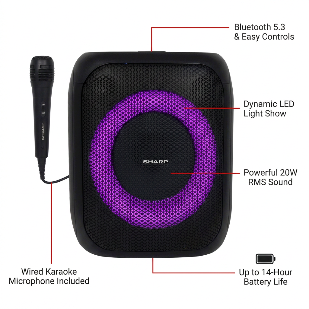 Rendition of the Sharp PS-914 party speaker with red callout lines highlighting key features: Wired Karaoke Microphone, Up to 14-Hour Battery, Dynamic LED Light Show, Powerful 20W RMS Sound, and Bluetooth 5.3 & Easy Controls.