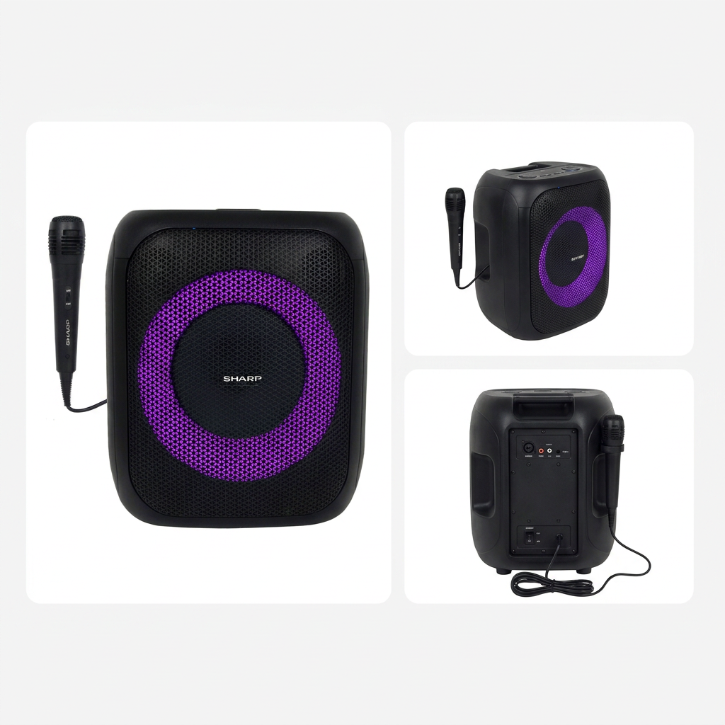 A three-panel matrix showing the black Sharp PS-914 speaker with its purple LED ring and microphone from front, side, and back views.