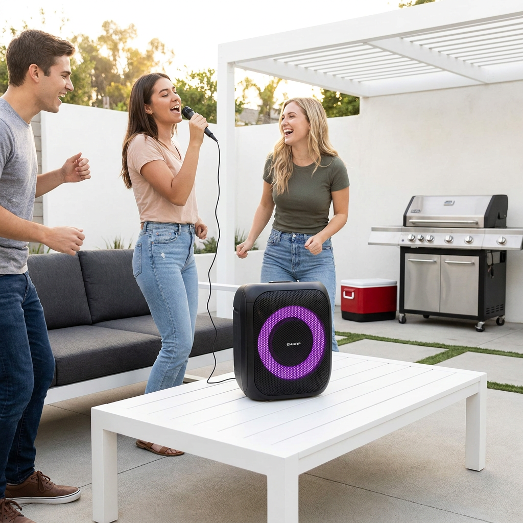 Three friends happily sing and dance around the Sharp PS-914 Portable Party Speaker with its wired microphone, enjoying a karaoke session during a daytime outdoor patio party, with the purple LED light illuminated.