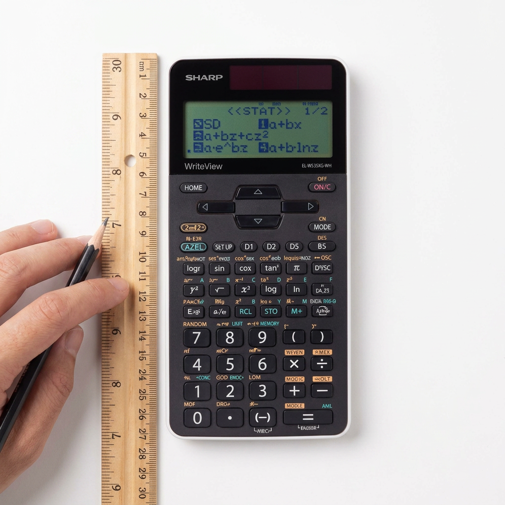 A top-down photograph showing a SHARP EL-W535XG-WH scientific calculator alongside a wooden ruler and a hand holding a pencil for scale. So customers can instantly understand its true size.