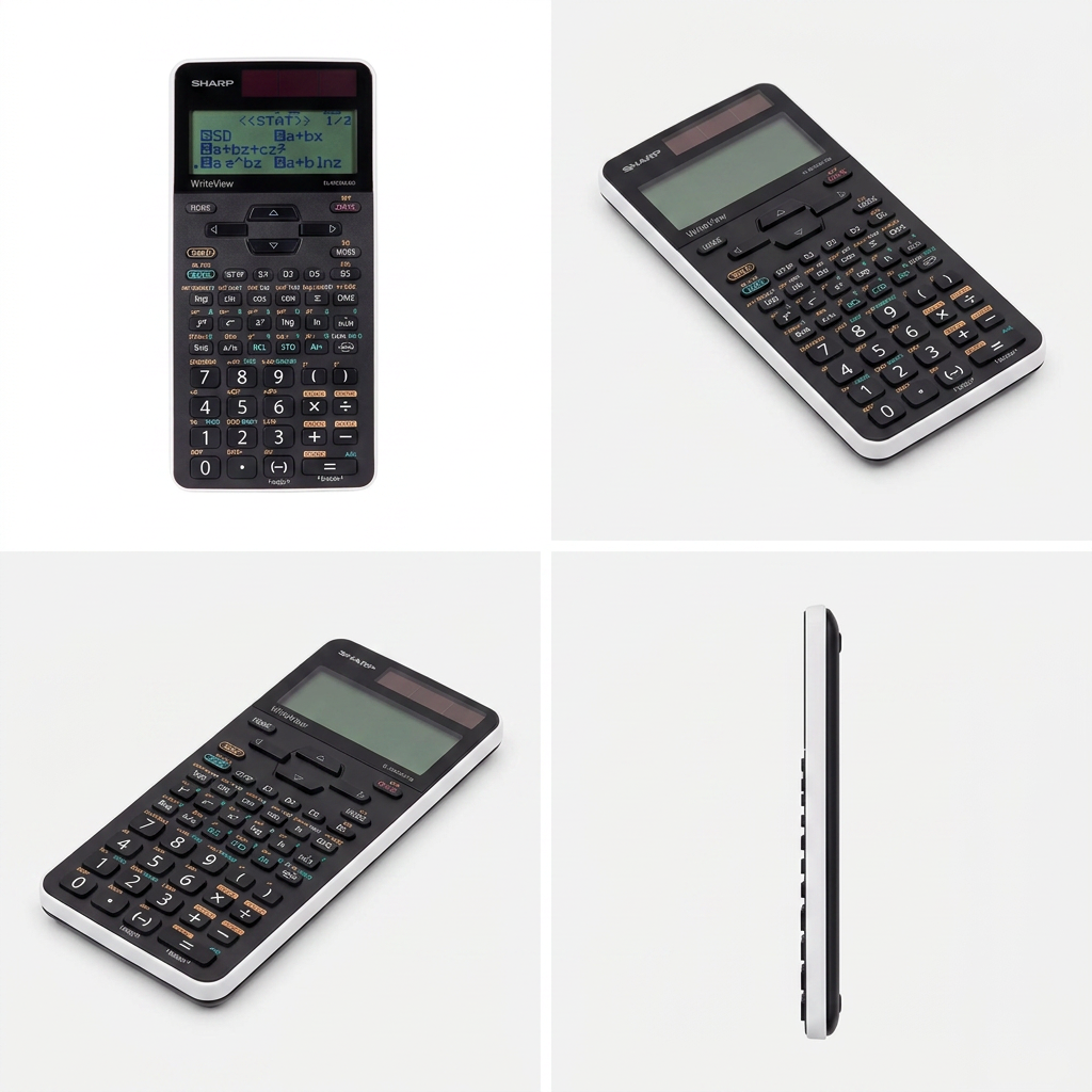 A four-panel grid showing the Sharp EL-W535XG-WH scientific calculator from multiple professional angles, including front, two side-angle, and profile views. The device is black with a white frame. The background is a minimalist white and light gray, aligned with a clean, technological brand guide.