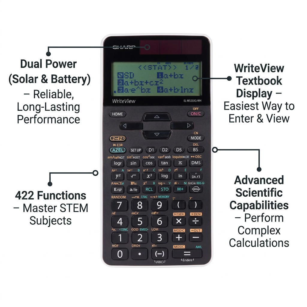 A feature graphic for the Sharp EL-W535XG-WH calculator, showing a central image of the product with four pointers indicating key features: "Dual Power (Solar & Battery)," "WriteView Textbook Display," "422 Functions," and "Advanced Scientific Capabilities," each with a brief benefit. The overall aesthetic is clean and minimalist, adhering to the specified brand guide.