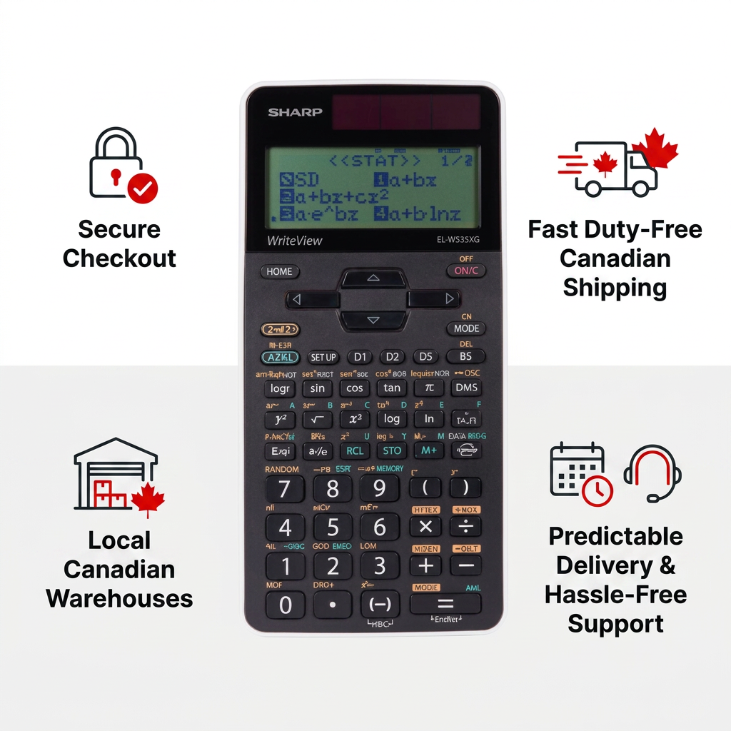 A clean, professional ecommerce trust infographic featuring the Sharp EL-W535XG-WH calculator as the central element. The product is surrounded by four minimalist icons with short, factual text: Secure Checkout, Fast Duty-Free Canadian Shipping, Local Canadian Warehouses, and Predictable Delivery & Hassle-Free Support. The white and light gray background, along with the red accents on the icons, adheres to the Reseller Shopify Brand Guide's color and style.