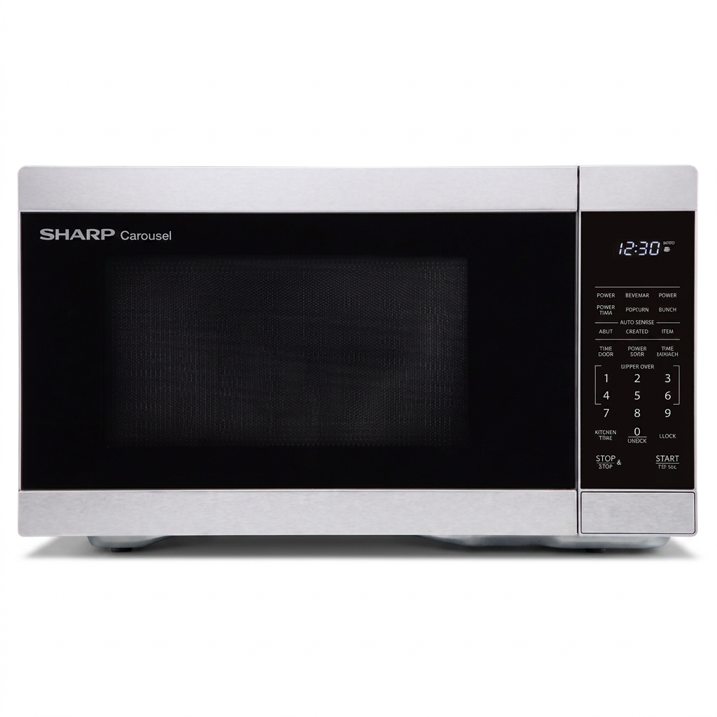 Sharp SMC1162KSC stainless steel countertop microwave oven hero image on a pure white background.