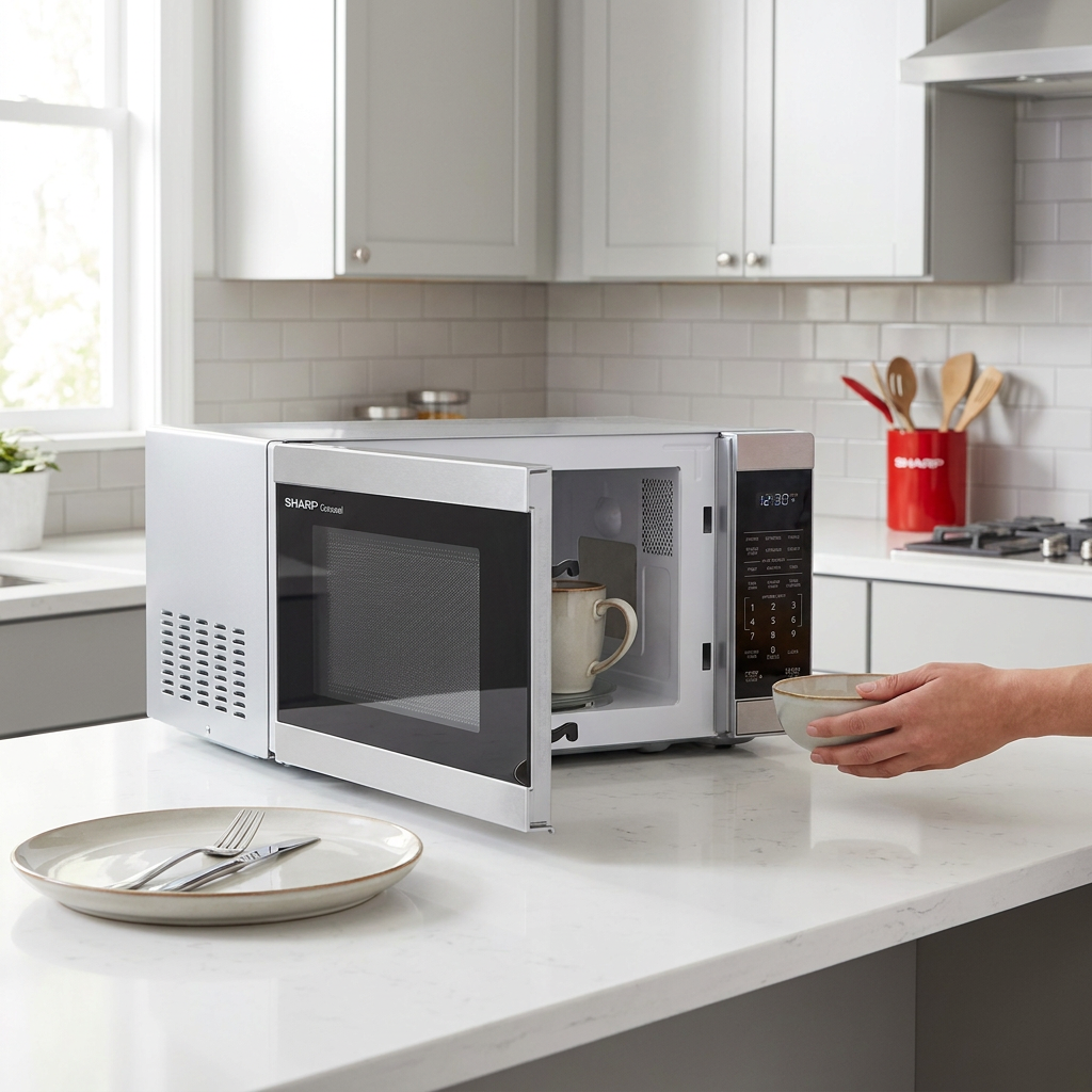 A lifestyle photograph of the Sharp SMC1162KSC countertop microwave on a kitchen counter, with a hand holding a bowl and a mug inside, providing scale.