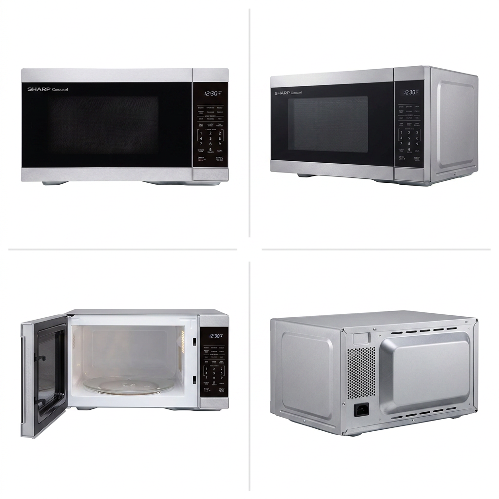 A 2x2 visual matrix displaying four different views of the SHARP SMC1162KSC stainless steel countertop microwave: front, angled side, open door interior, and rear.