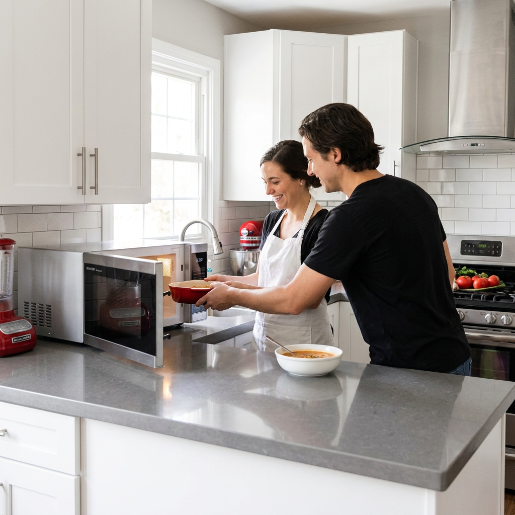 A lifestyle photograph showing a couple happily placing a dish into the SHARP stainless steel microwave, which is integrated into a modern, white and gray kitchen. The setting includes red accents and natural daylight.