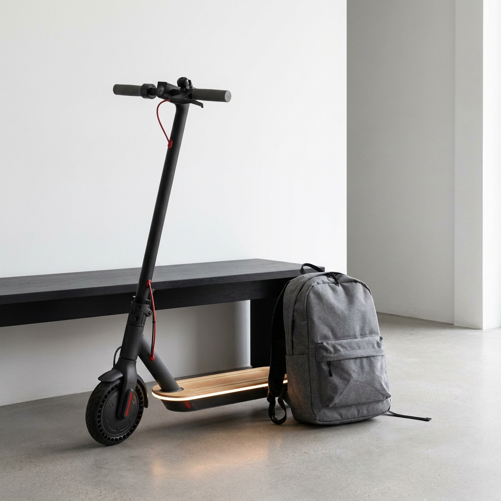 A lifestyle photograph showing the Sharp S9 Urban Electric Scooter with its illuminated wooden deck parked indoors next to a standard grey backpack. The scene is minimal and modern.