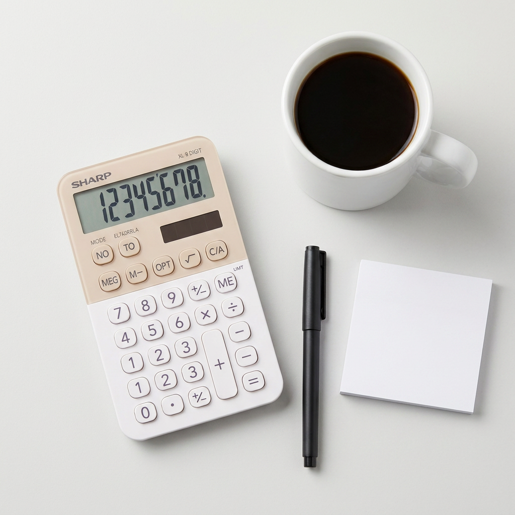 A sharp calculator in latte and white color lying on a white surface beside a black coffee mug, a black pen, and a stack of white sticky notes.