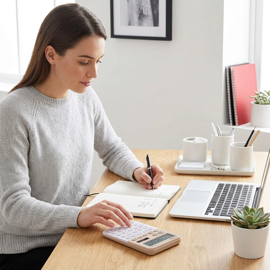 A woman in a light gray sweater using the Sharp latte calculator at a minimalist home office desk.