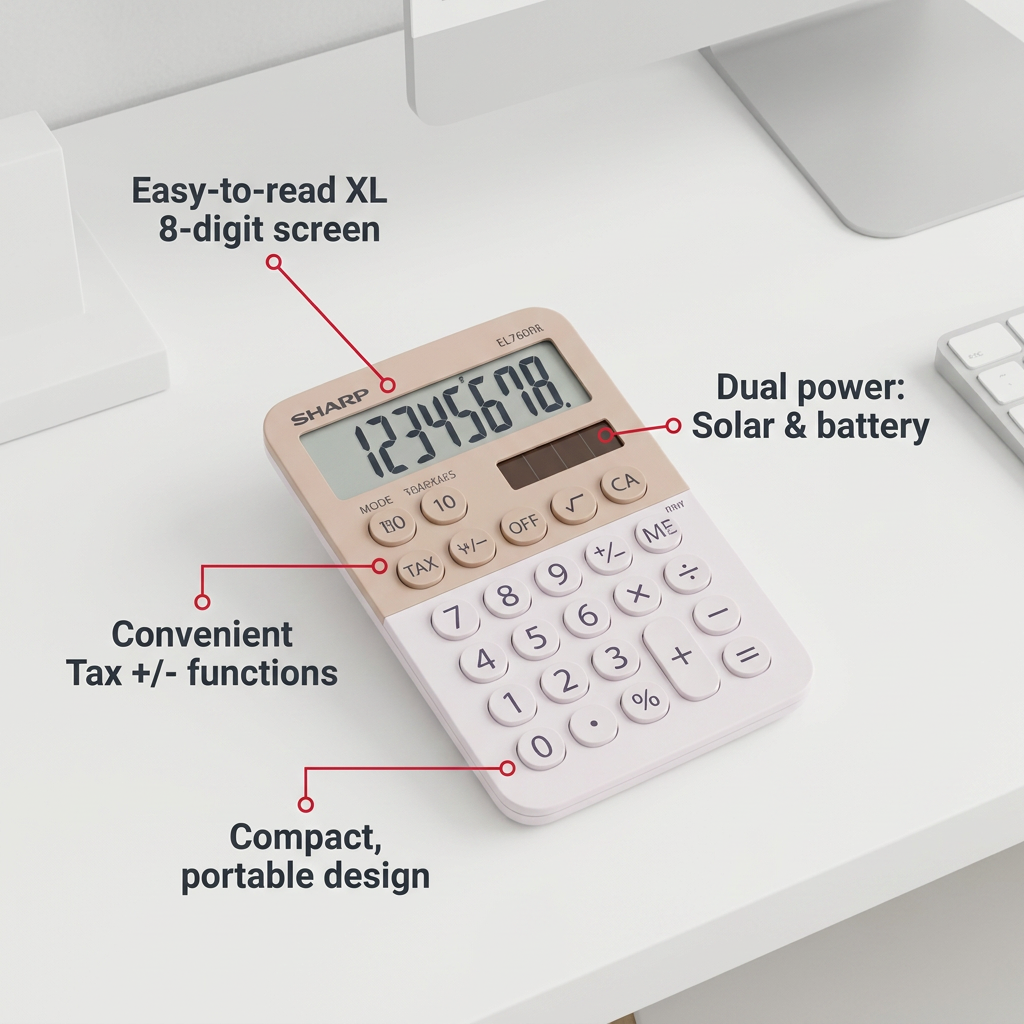 Sharp EL760RBLA calculator on a white desk with four red callout lines and text labels highlighting its features: "Easy-to-read XL 8-digit screen", "Dual power: Solar & battery", "Convenient Tax +/- functions", and "Compact, portable design".