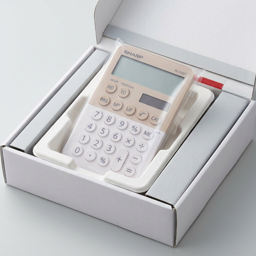 The Sharp EL760RBLA calculator in its open, premium white and gray packaging, featuring a molded pulp tray and plastic wrap for secure unboxing.