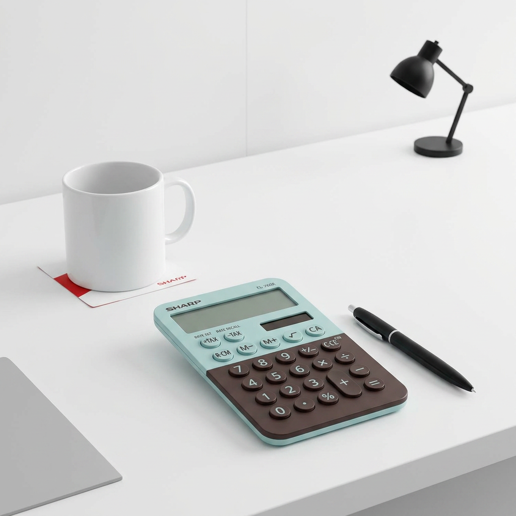 A workspace photograph showing the Sharp EL760RBMT mint and chocolate calculator next to a white ceramic mug, a black pen, and a small black desk lamp. The objects provide a clear sense of the calculator's size. The clean, minimalist setting on a white desk with high-key lighting adheres to the Shopify brand guide, with a small Sharp logo on the coaster providing a red accent.