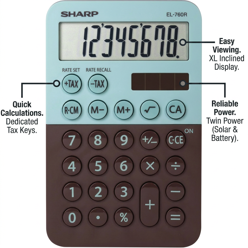 A product feature callout graphic of the Sharp EL-760R calculator in Mint Chocolate, showing three pointer lines highlighting its XL inclined display, tax keys, and twin power source.