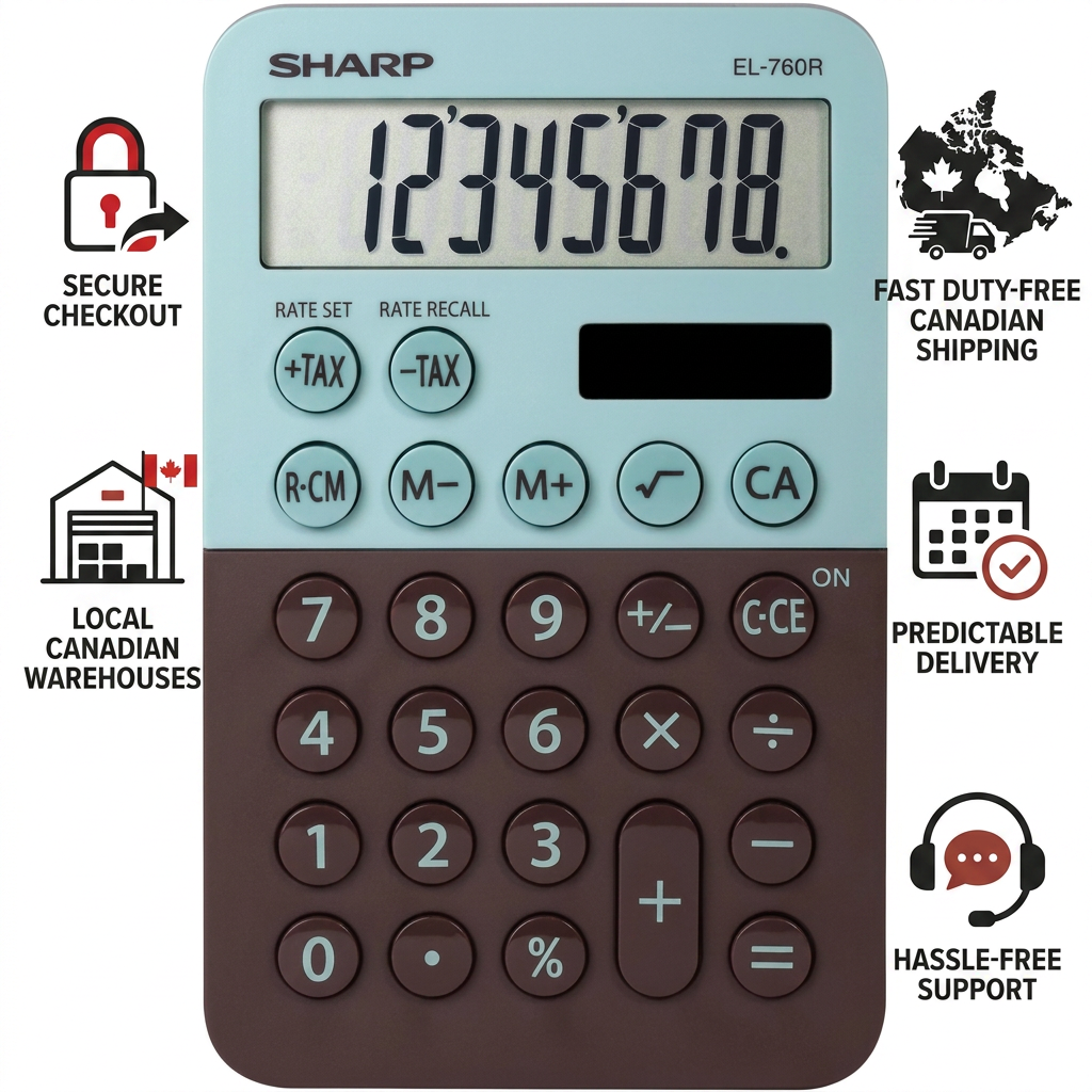 A professional ecommerce infographic for the Sharp EL760RBMT calculator, featuring six trust-building icons and short factual text against a clean white background. The icons use the red and black color palette to highlight benefits such as Secure Checkout, Fast Duty-Free Canadian Shipping, and Hassle-Free Support.
