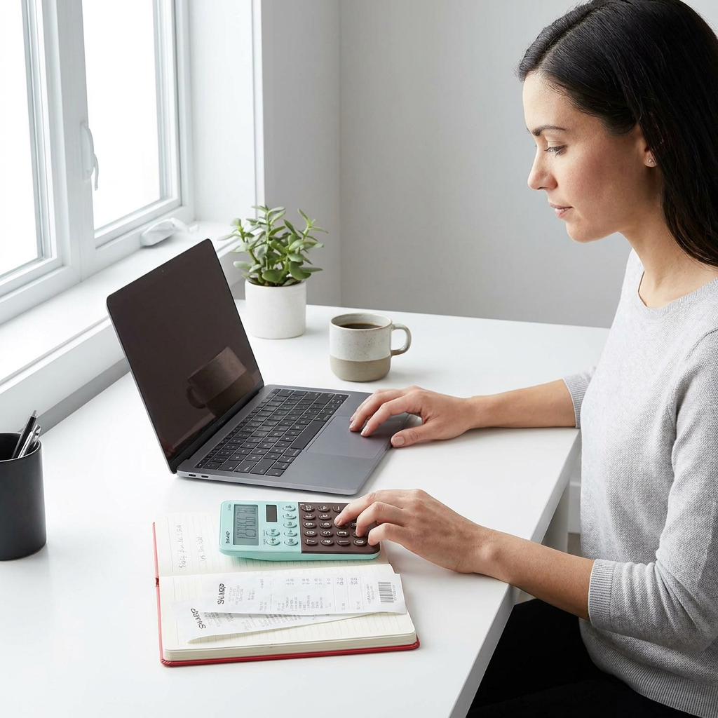 A woman in a home office setting uses the mint green and brown Sharp EL760RBMT calculator for financial tasks, with a laptop and notebook on a white desk.