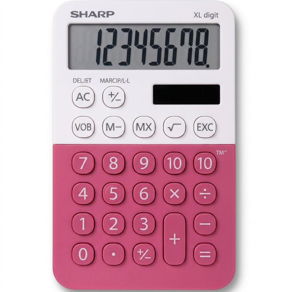 SHARP EL760RBPK XL 8-digit display calculator in raspberry pink and white on a centered Pure White background. High-resolution hero shot for Shopify.