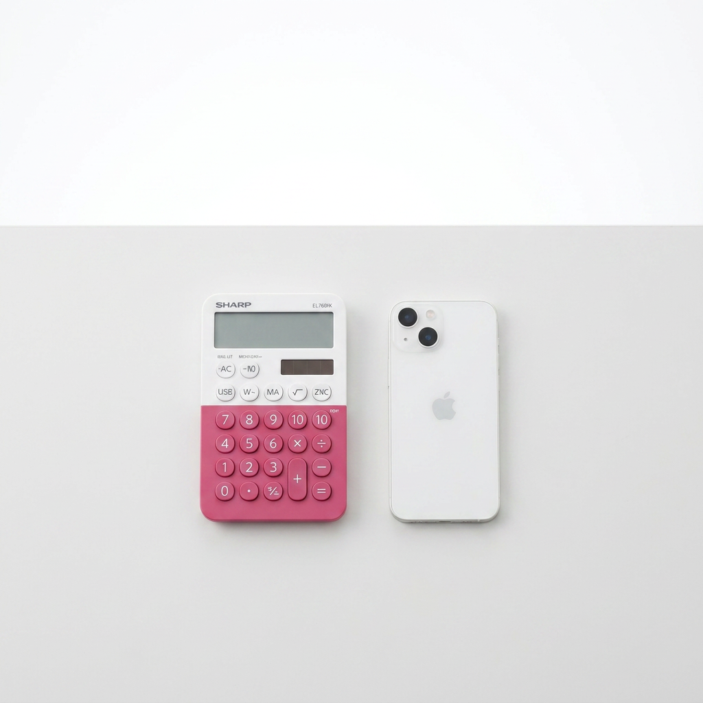 A top-down photograph shows the Sharp EL760RBPK raspberry calculator next to a white iPhone, providing scale on a clean, minimalist light gray and white surface.