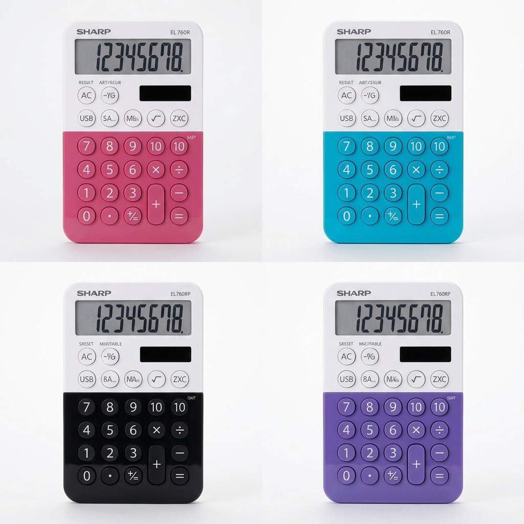 A four-image grid displays the Sharp EL760R calculator in four color options: pink, blue, black, and purple, each with a white top section. They are arranged side-by-side against a clean white background.