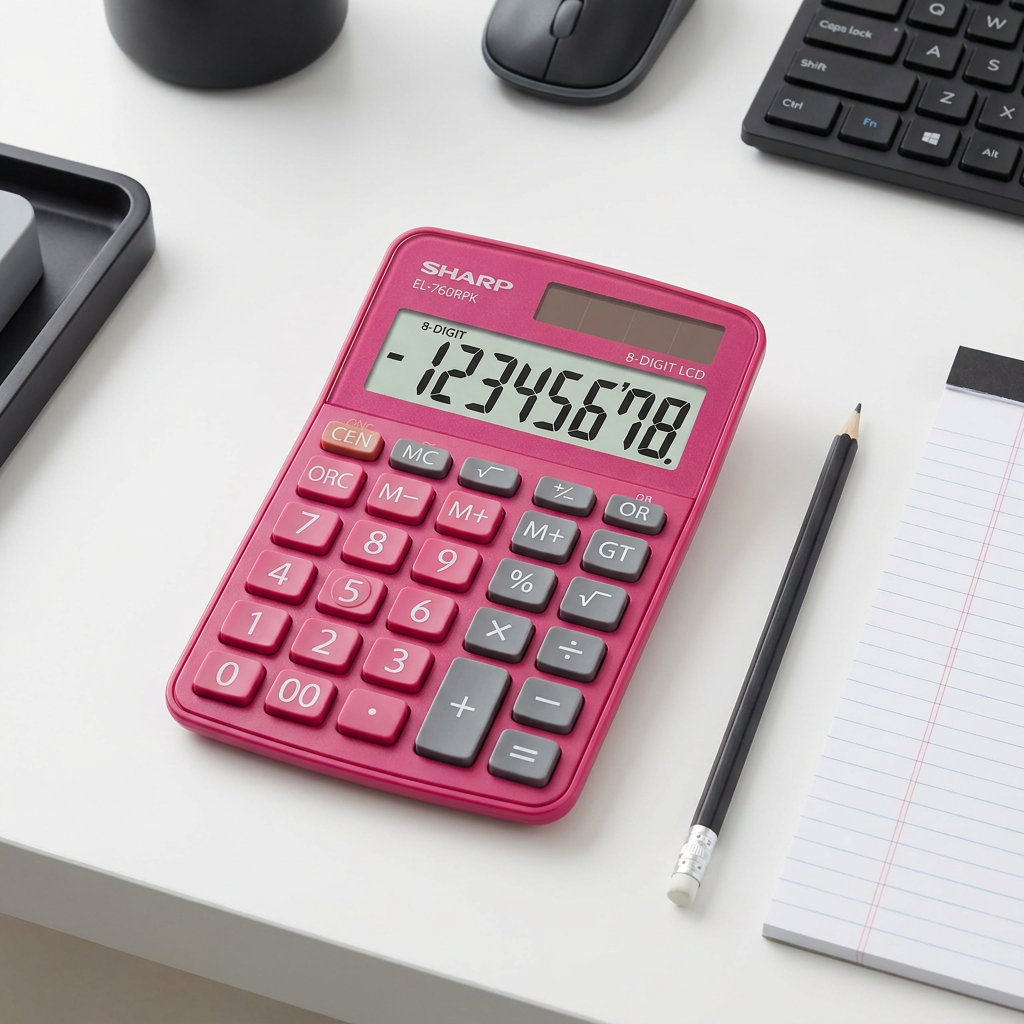 A pink Sharp EL-760RPK calculator sits slantwise on a white desk next to a pencil and notepad.