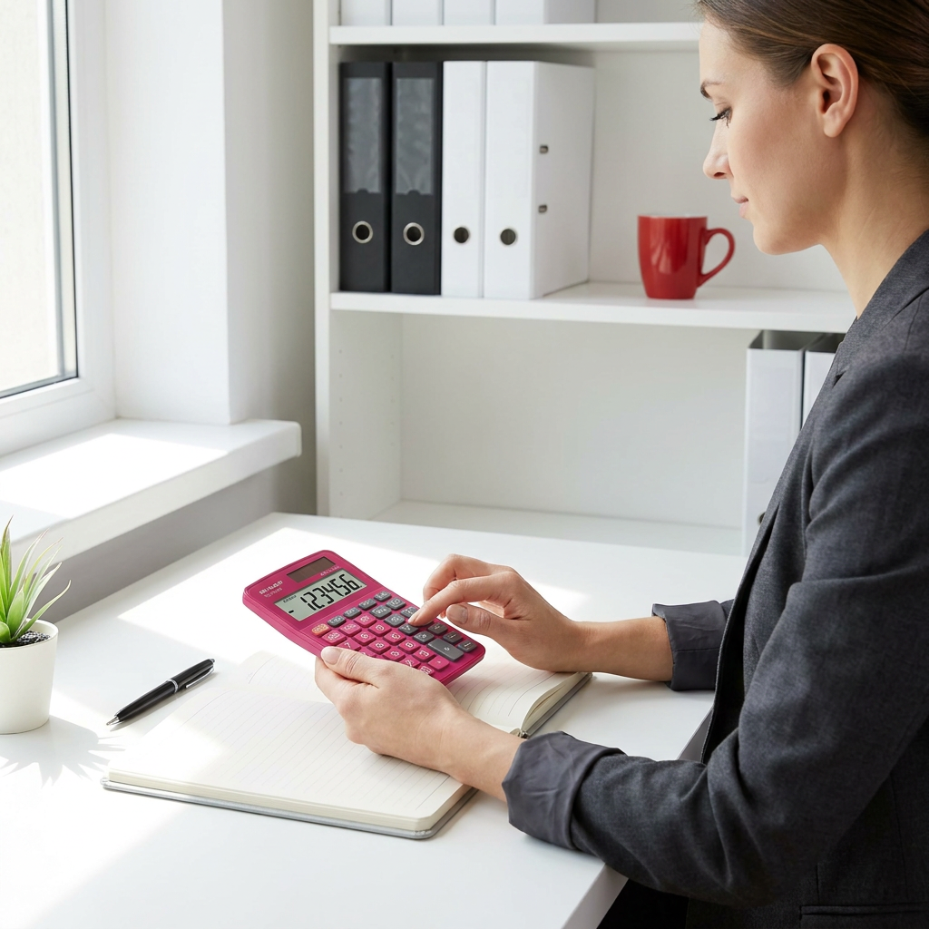 A woman in a grey blazer uses the raspberry pink Sharp EL-760RPK calculator at a sunlit white desk.