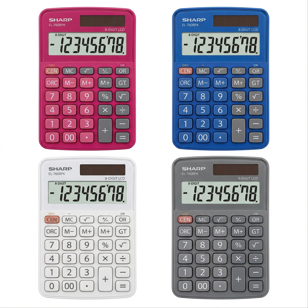 A 2x2 grid showing four Sharp EL-760RPK calculators in different color variants: the original pink, blue, white, and charcoal gray. All are presented on a clean white background.