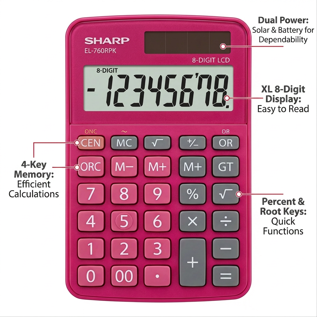 A product feature graphic for the Sharp EL-760RPK calculator in pink, using a clean white background with sharp red pointer lines and dark text callouts.