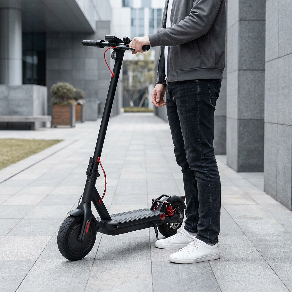 Sharp S10 electric scooter in a modern urban environment shown with a person for scale.