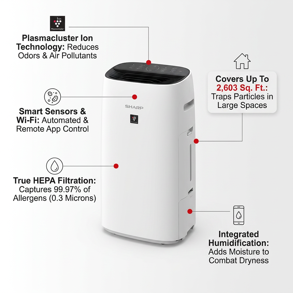 A polished e-commerce feature infographic for the Sharp KCP110CW air purifier and humidifier, highlighting key features and benefits with clean pointer lines and icons against a white and light grey background. It covers Plasmacluster Technology, True HEPA Filtration, Smart Sensors & Wi-Fi, Integrated Humidification, and its 2,603 sq. ft. coverage.