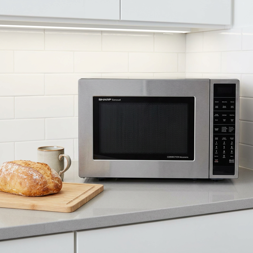A stainless steel Sharp SMC1585KS microwave is on a kitchen counter with a loaf of bread and a mug for scale.