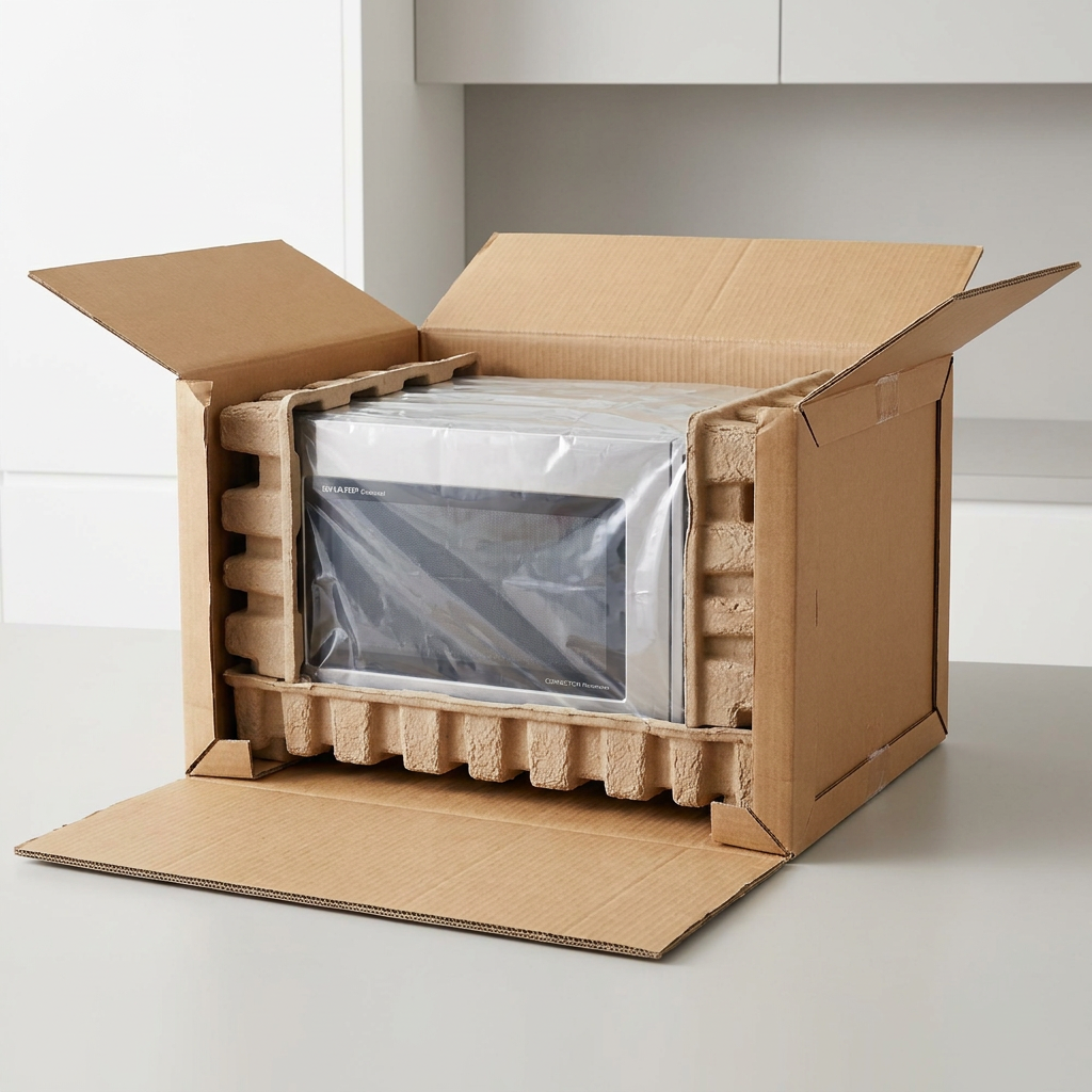 The SHARP SMC1585KS microwave oven is shown in its open cardboard shipping box, securely cushioned by molded pulp and plastic wrap for safe transit.