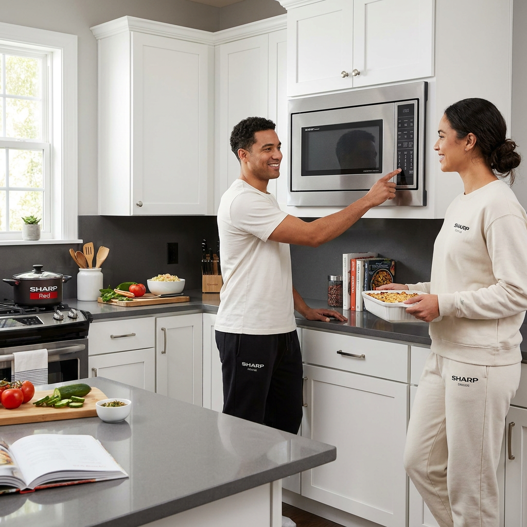 Couple in a modern, white and gray kitchen with 'Sharp Red' accents. The man is smiling and pressing the keypad on the built-in Sharp microwave, while the woman holds a white casserole dish next to him. They are both wearing branded casual clothing.