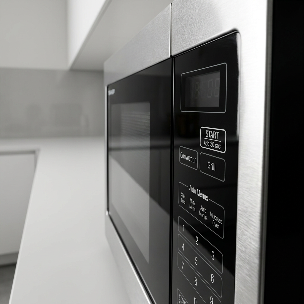 A close-up photograph of the interface and buttons on the Sharp SMC1585KS Carousel Convection Microwave. The image highlights the brushed stainless steel texture and the detailed control panel with a display, buttons, and labeling for settings like "Convection," "Grill," and "Auto Menus," shot with professional, premium lighting. The background is a clean, minimalist kitchen environment.