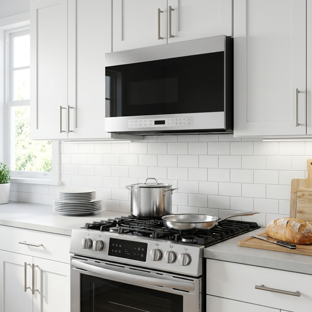Sharp SMO1461GS over-the-range microwave installed in a kitchen with white cabinets, demonstrating its true scale above a 30-inch range.