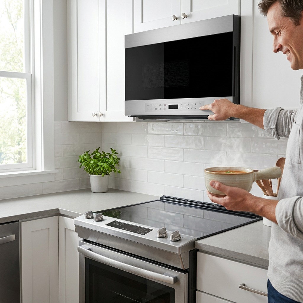 A lifestyle photograph shows a man in a bright, modern kitchen smiling while using the Sharp SMO1461GS stainless steel over-the-range microwave. He is holding a warm bowl of soup with steam rising from it.
