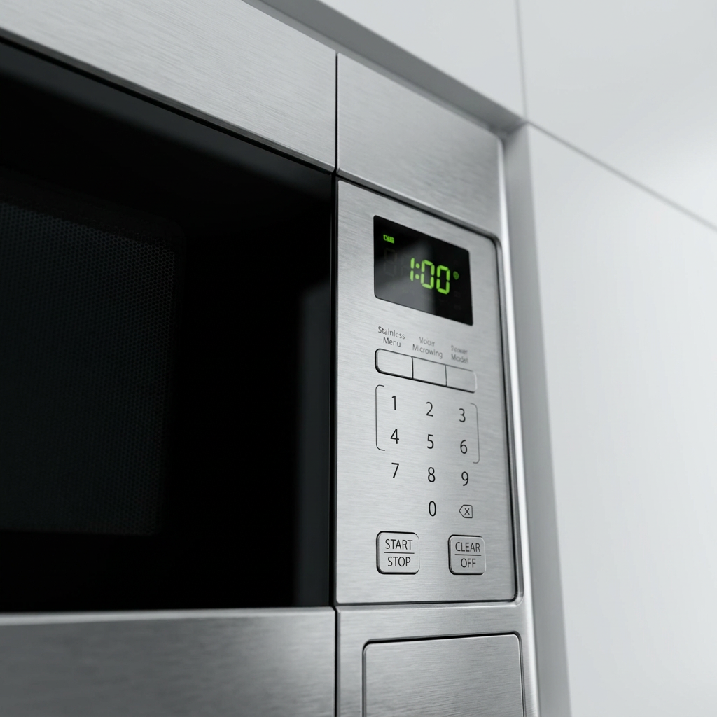 An extreme close-up of the brushed stainless steel control panel and green LED display of the Sharp over-the-range microwave.