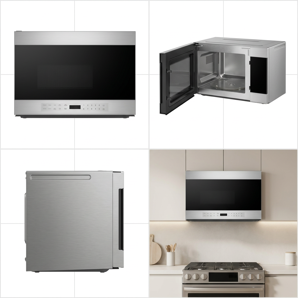 A 2x2 grid showing the Sharp Canada SMO1461GS over-the-range microwave. The top-left panel shows a front view, top-right an open view, bottom-left a side profile, and bottom-right a lifestyle installation over a range. The background is a white grid with minimalist kitchen elements in the lower right.