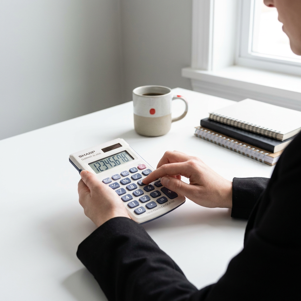 A person in business attire uses the Sharp EL243S calculator in a clean, naturally lit office setting.