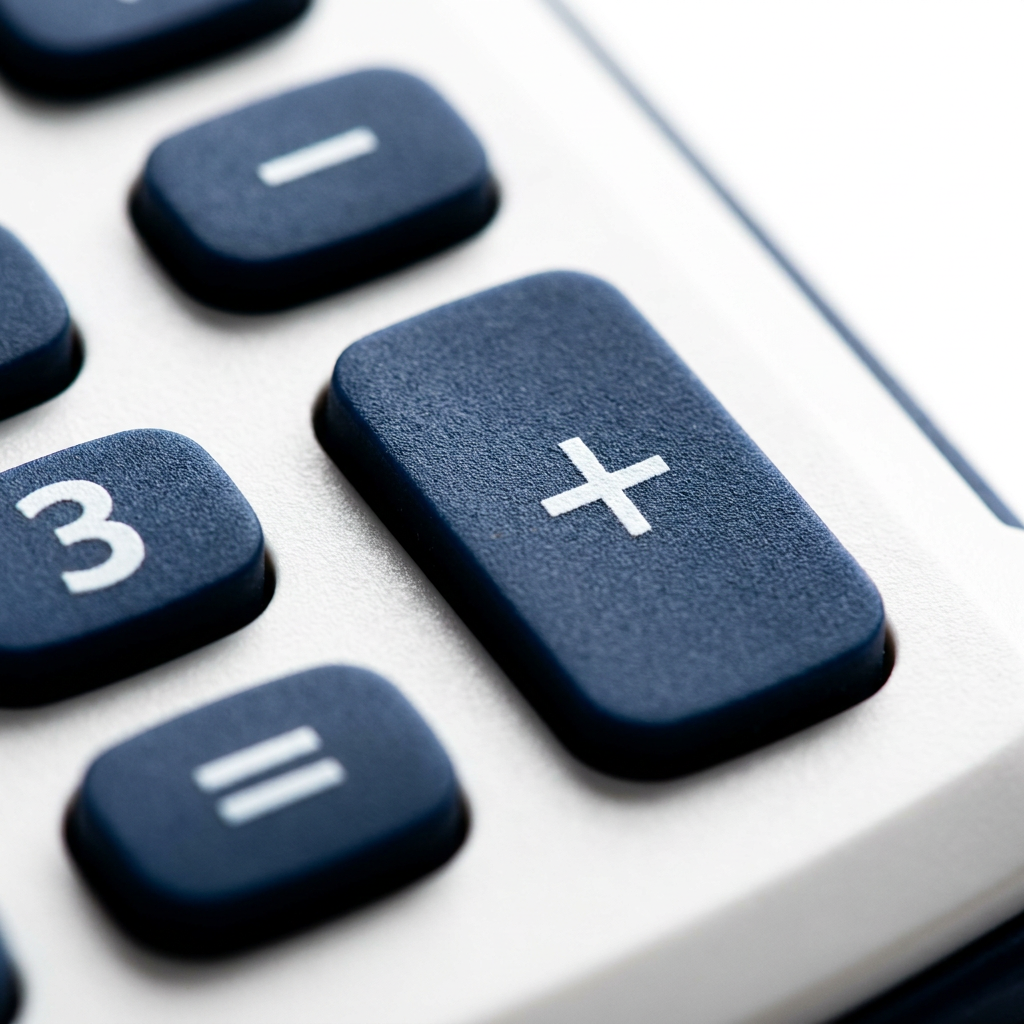 A detailed macro photograph captures the textured rubber calculator keys of the SHARP EL243S, focusing on the '+' button with realistic lighting and shallow depth of field.